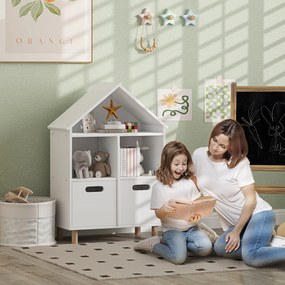 Estante infantil, móvel de arrumação para crianças 63,7 x 29,7 x 89 cm com 3 níveis e duas gavetas, em forma de casa branca