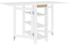 HOMCOM Mesa Dobrável com Asas Dobráveis Mesa de Cozinha com 2 Rodas e Prateleiras Estilo Moderno 120x60x75 cm Branco | Aosom Portugal