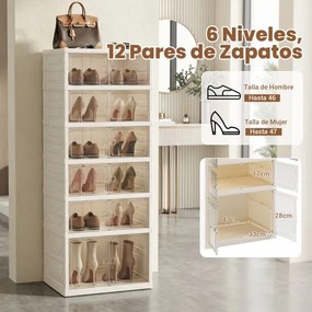 Caixas transparentes para sapatos com 12 compartimentos empilháveis com portas 45 x 35 x 117 cm, capacidade para sapatos até ao tamanho 46, em plástic