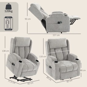 Poltrona Elevatória Elétrica Reclinável, 89 x 82 x 110 cm, Massagem Vibratória e Aquecimento Lombar, Cinzento