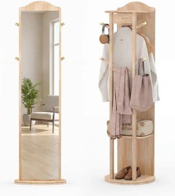 Espelho giratório 3 em 1 com cabideiro, estantes e ganchos – organizador para quarto – 48 x 168 cm – cor Natural