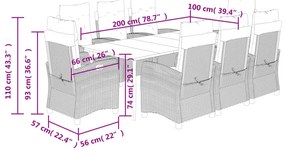 9 pcs conjunto de jantar p/ jardim c/ almofadões vime PE cinza