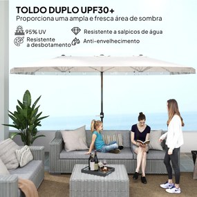 Chapéu de Sol Duplo 4,5x2,65 m com Manivela Manual Resistente a Água e Proteção UV30+ Chapéu de Sol Grande Creme
