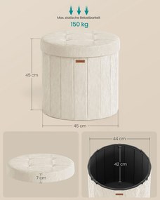 Banco redondo com espaço de arrumação 47 x 47 x 45 cm, dobrável, em couro sintético, 65 L creme