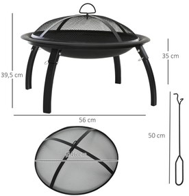 Braseiro ao ar livre Ø56 cm Fogueira Portátil para aquecimento varanda churrasco jardim com cobertura de rede Preto