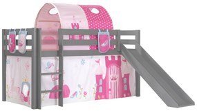 Conjunto Cama alta de Criança PINO 90 x 200 cm + estrado + escada + escorrega + tunel + cortina + bolsas de arrumação Princesa Cinzenta