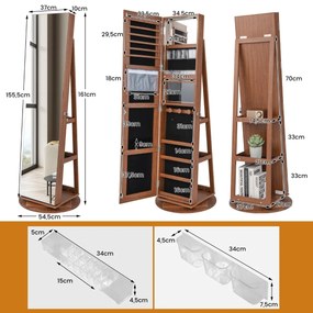 Espelho Guarda Joias rotativos 360° com luzes LED Espelho de corpo inteiro Com Estante 54,5 x 161 cm Castanho