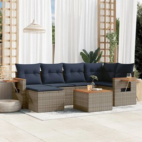 7 pcs conjunto sofás p/ jardim c/ almofadões vime PE cinzento