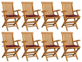 vidaXL Cadeiras jardim c/ almofadões vermelho tinto 8 pcs teca maciça