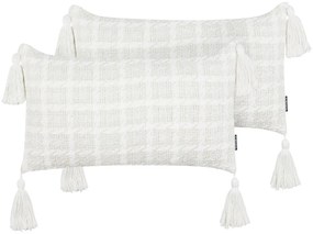 Conjunto de 2 almofadas decorativas com franjas em tecido creme e branco 30 x 60 cm DOURIS Beliani