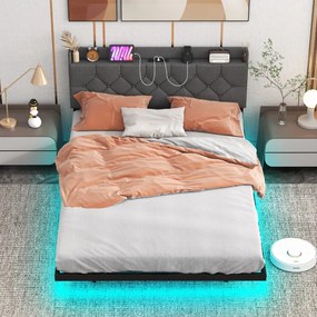Cama flutuante com luzes LED, plataforma moderna e cabeceira estofada ajustável, 200*160*100 cm, cinza
