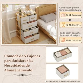 Comoda com 5 gavetas 58 x 30 x 94 cm para quarto em bambu com 5 gavetas dobráveis em tecido e prateleira superior natural