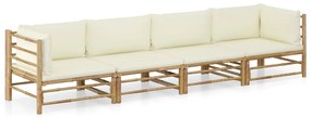 4 pcs conj. lounge p/ jardim em bambu c/ almofadões branco nata