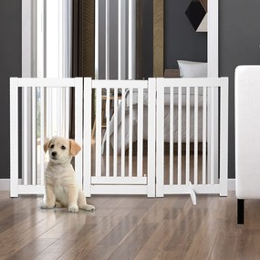 Barreira para Cães de Madeira Barreira para AnimaisDobrável de 3 Painéis com 1 Porta e Pés de Apoio 155x35,5x76 cm Branco