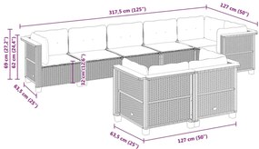 8 pcs conjunto sofás de jardim c/ almofadões vime PE cinzento