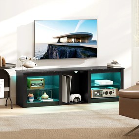 Móvel de TV com iluminação LED para televisores até 65 polegadas, 160 C x 35 L x 49,7 A cm, com prateleiras de vidro ajustáveis, preto