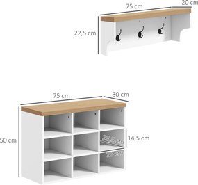 Conjunto de mobiliário para entrada 2 em 1: cabideiro de parede e banco para sapatos, com 3 ganchos e 9 compartimentos abertos, 75 x 30 x 50 cm, branc