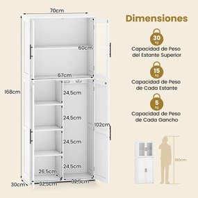 Armário para casa de banho de madeira com portas 70 cm x 30 cm x 168 cm, prateleiras e ganchos para esfregonas  branco