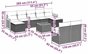 10 pcs conjunto sofás de jardim c/ almofadões vime PE preto