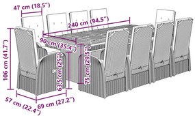 11 pcs conjunto jantar p/ jardim c/ almofadões vime PE cinzento