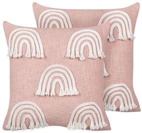 Conjunto de 2 almofadas decorativas com bordado de arco-íris em algodão rosa 45 x 45 cm LEEA Beliani