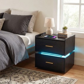 Mesa de cabeceira com base de carregamento LED, 2 gavetas, arrumação semi-suspensa e base metálica 45 x 40 x 48 cm Preta