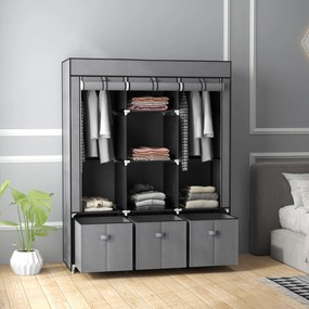 Guarda Roupa dobrável em tecido com 5 prateleiras, 2 varões e 3 gavetas em tecido 125 C x 43 L x 162,5 A cm Cinzento