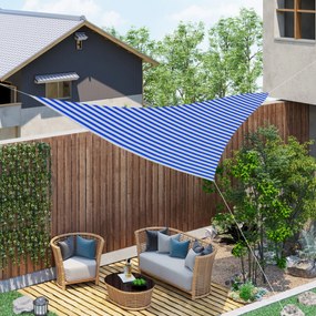 Toldo de vela de sombra triangular 5x5x5 m HDPE Proteção UV com anéis e cordas para jardim pátio piscina terraço azul e branco