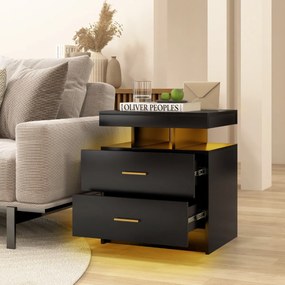 Mesa de cabeceira LED com 2 gavetas Mesa de cabeceira moderna com modo de luz ajustável e controlo remoto 50 x 40 x 58 cm Preto