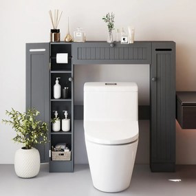 Estante sobre sanita 89 x 19,5 x 99 cm de casa de banho com prateleiras ajustáveis com suporte para papel higiênico Porta basculante Cinzenta