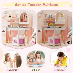 Toucador para crianças com 3 modos de iluminação colorida Brilho ajustável Estantes abertas e gavetas Branco