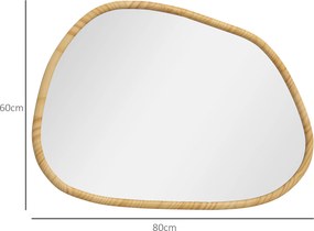 Espelho de parede decorativo com forma orgânica e moldura de madeira horizontal ou vertical, 80 x 60 cm, natural