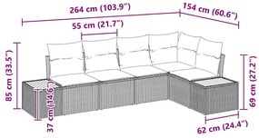Conjunto de Sofá de Jardim 5 Peças com Almofadas Cinza Rattan Poli Acá