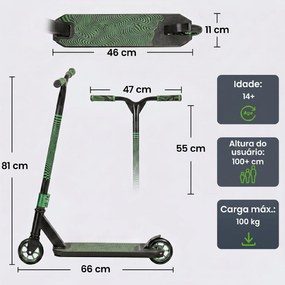 Trotinete Acrobática com Guiador 360° Rolamentos ABEC-9 Rodas de PU de 120 mm Estrutura de Alumínio 66x47x81 cm Verde