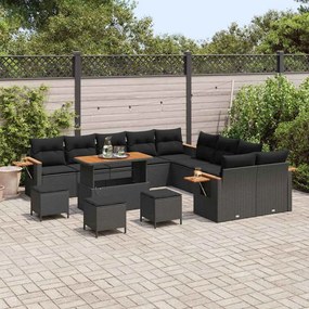 Conjunto de Sofá de Jardim de 14 Peças com Almofadas Preto Polirattan