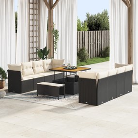 Conjunto de Sofá de Jardim vidaXL com 11 Peças e Almofadas Preto Rattan Poliéster Acácia