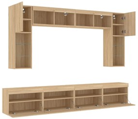 8 pcs conj. móveis de parede p/ TV c/ luzes LED carvalho sonoma