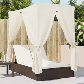vidaXL Espreguiçadeira dupla com teto e cortinas vime PE castanho