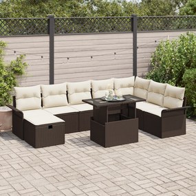 Conjunto de Sofá de Jardim 9 Peças com Almofadas Castanho Rattan Polié