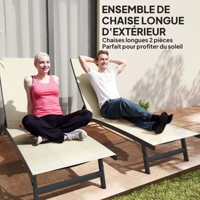Conjunto de 2 espreguiçadeiras em alumínio e textilene com rodas e encosto reclinável, capacidade máxima de 150 kg, cor cáqui