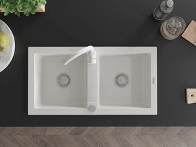 Mexen Mario lava-louça de granito de 2 cubas com torneira de cozinha Telma, branco - 6504-20-670200-20