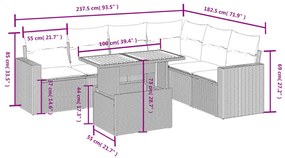 7 pcs conjunto de sofás p/ jardim c/ almofadões vime PE preto