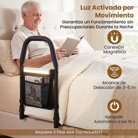 Barreira de cama para idosos 61 x 28 x 52,5 cm com pega de segurança, luz com sensor de movimento e bolso; barreira anti-queda preta