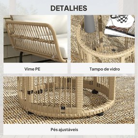 Conjunto de Móveis de Jardim Exterior em Ratã com Sofá de 2 Lugares Chaise Longue Almofadas e Mesa Creme