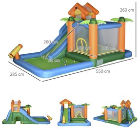 Outsunny Castelo Insuflável com Escorrega Trampolim Piscinas e Pistola de Água para Crianças acima de 3 Anos com Inflador e Bolsa de Transporte para Interior Exterior 550x285x260cm Multicor