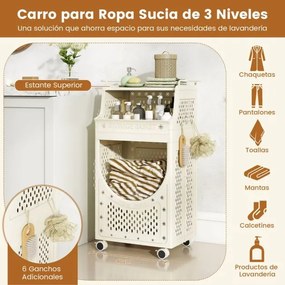 Carro para roupa suja 40 x 30 x 78 cm com 3 níveis dobrável com rodas bloqueáveis 6 ganchos para pendurar bege