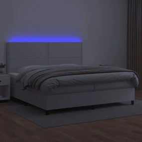 Cama box spring c/colchão/LED 200x200cm couro artificial branco