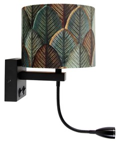 Candeeiro de Parede Preto com Abajur de Veludo, Design Folha e Interior Dourado - Brescia Combi Clássico / Antigo,Moderno