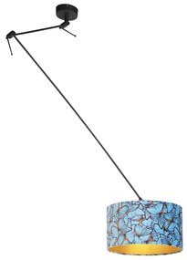 Candeeiro de suspensão preto com abajur de veludo borboletas com dourado 35 cm - Blitz Clássico / Antigo