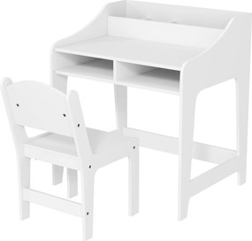 Conjunto de secretária e cadeira para crianças dos 3 aos 8 anos, com compartimentos e prateleiras abertas, branco